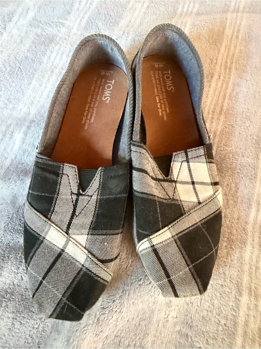 Toms Women's Black and White Plaid Slip-On Loafers